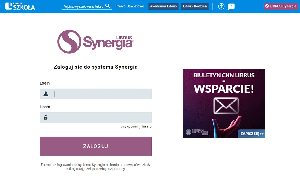 Strona logowania Librus Synergia – ekran logowania użytkownika